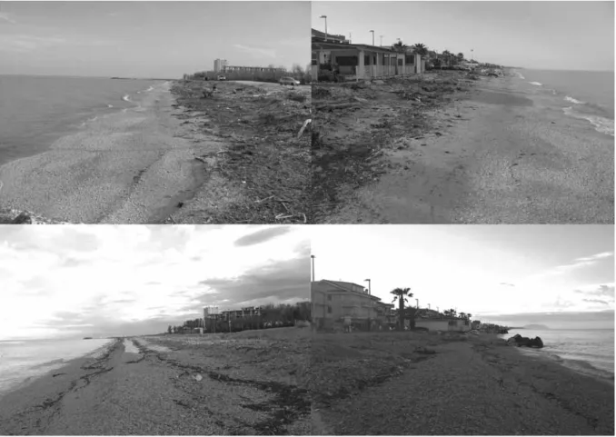 Figura 5. Fenomeni erosivi in atto sulla spiaggia posta immediatamente sottoflusso al pennello realizzato nel 2006/07 in  sponda sinistra alla foce del Fiume Tenna (verso sud a sinistra, verso nord a destra, in alto marzo 2011, in basso maggio 2015).