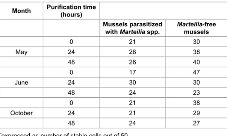Table 3: Results of the Neutral Red Retention Test performed on parasitized and  parasite-free mussels (M