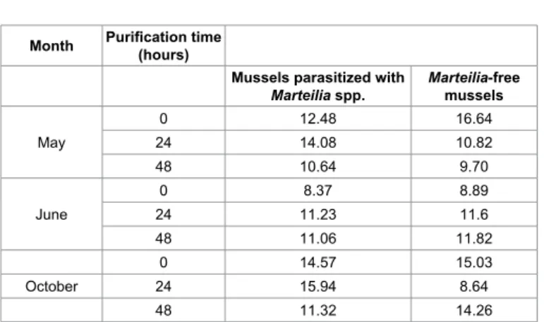 Table 6:  Percentages  of  neutral  lipids  detected  in  an  area  of  1447680  pixels  observed in parasitized and parasite-free mussels (M