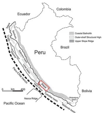 Figure 1. Map of the major structural trends and basins of coastal Peru, redrawn and modiﬁed from Travis, Gonzales, and Pardo (1976) and Thornburg and Kulm (1981) .