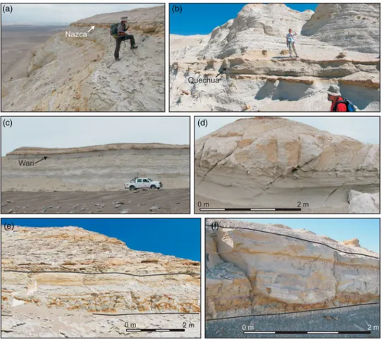 Figure 5. Outcrop photographs of the marker beds in the lower allomember. (a) Detail of the Nazca sand- sand-stone marker bed at 14820 ′ 51.3 ′′ S-75854 ′ 24.1 ′′ W; (b) close-up of the Quechua sandstone marker bed at 14820 ′ 32.7 ′′ S-75854 ′ 06.0 ′′ W; (