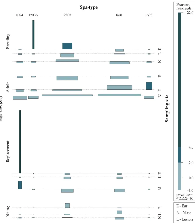 Figure 3. Association between spa-types, sampling site and age category: The association plot shows Pearson residuals comparing age category, spa-type and sampling site