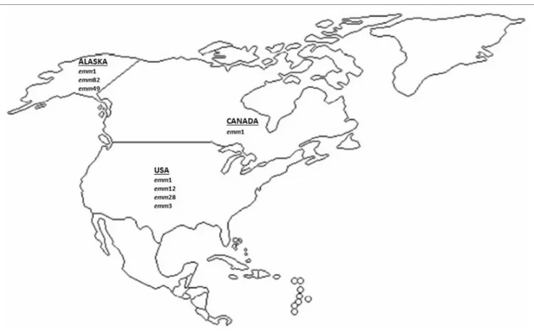FiGURe 2 | Most prevalent invasive GAS emm-types described in North America (US and Canada) since 2000 onward