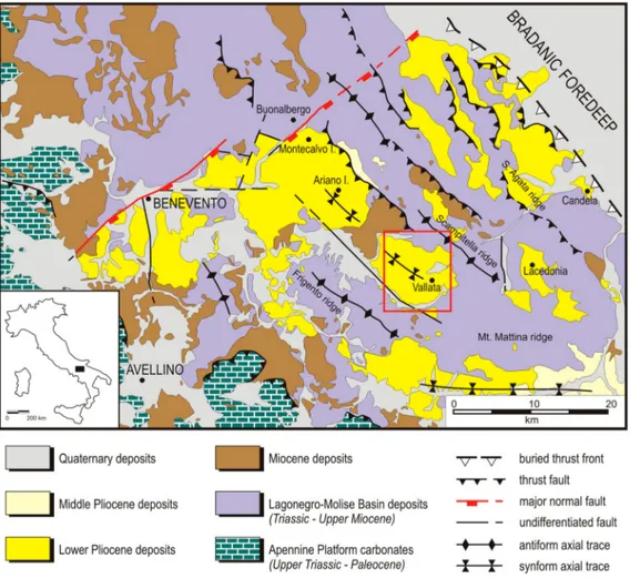 Figure 1. Outline geological map of the Southern Apennines (after Bonardi et al., 2009 , modiﬁed) showing the main geological framework of the Ariano Basin and location of the study area (hollow box).