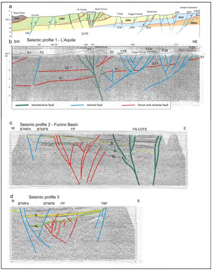 Fig. 4  -  a) Geological cross-section across the study area; b) NE-SW  seismic profile IT 89-01: (The geological cross-section is drawn along the same trace  of the seismic profile); c) 1-80-AZ-03 E-W seismic profile in the Fucino Plain; d) 1-82-AZ-05 N-S