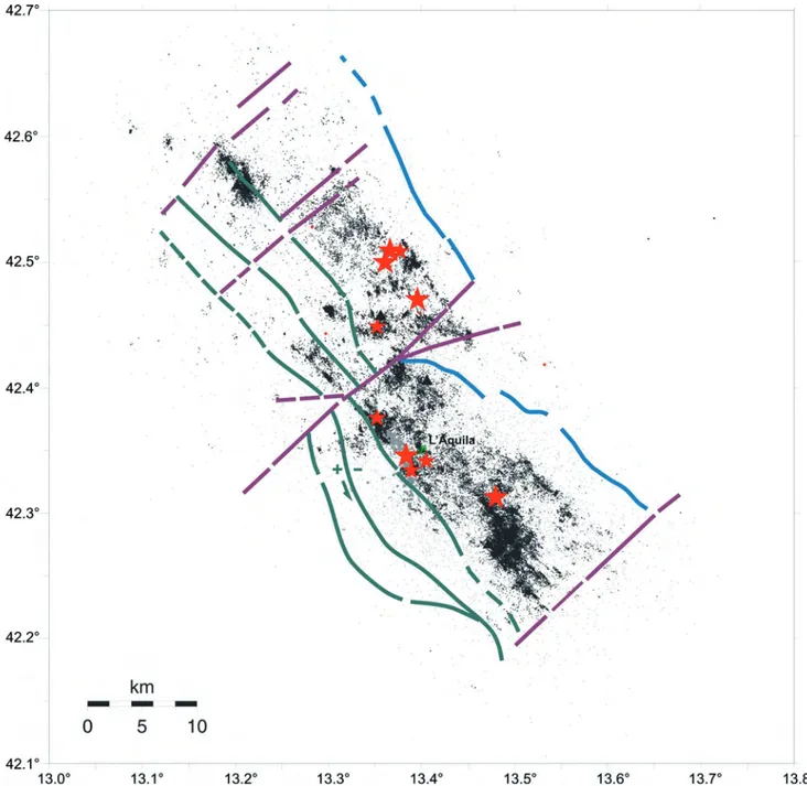 Fig. 7  -  Map of the L’Aquila entire seismic sequence showing a seismological dataset of 64k moderate magnitude earthquakes (redrawn and modified after  V aloroso  et alii, 2013)