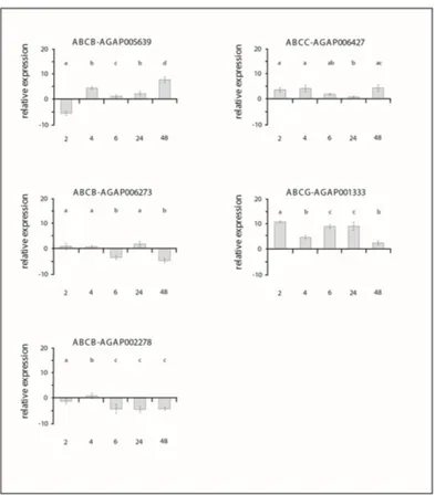 Figure 1. Relative expression of Anopheles gambiae s.s. ABC genes measured by quantitative PCR after  different times of permethrin exposure