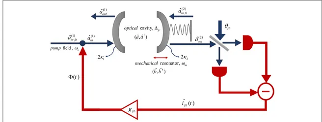 Figure 1. The feedback loop: a quadrature of the ﬁeld, transmitted through a Fabry–Pérot cavity with a movable end mirror, is detected via homodyne detection at phase θ fb , and the corresponding photocurrent is used to modulate the input ﬁeld [ 19 ].
