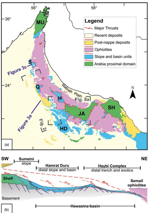 Fig. 1. (Colour online) (a) Simplified geological map of the Al-Hajar Oman Mountain Belt