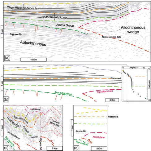 Fig. 3. (Colour online) (a) Line drawing of a seismic image in time domain (see Fig. 1 for location) showing the  allochtho-nous wedge (made by slope to Hawasina’s basin deposits and ophiolites) thrusted onto the autochthonous Arabian platform