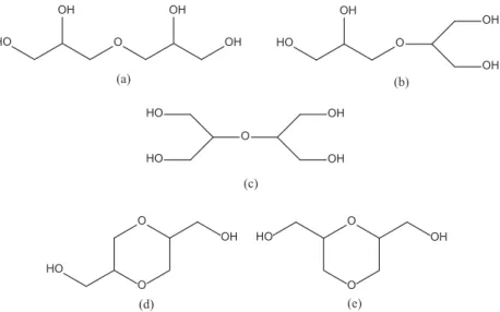 Figure 6 List of all the possible linear (a, b, c) and cyclic (d, e) forms of diglycerol, the smallest polyglycerol