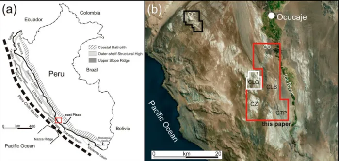 Figure 1. Location maps of the present study. (a) Regional geographic context; (b) annotated air photo image (red box in (a) show- show-ing locations of the study area (red frame) and location of the four stratigraphic sections measured at Cerro las Tres P