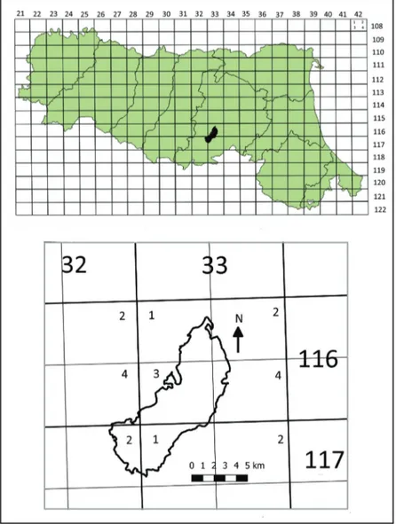 Figure 2. Cartographic grid of the Emilia-Romagna administrative region and, in detail, of the Park of 