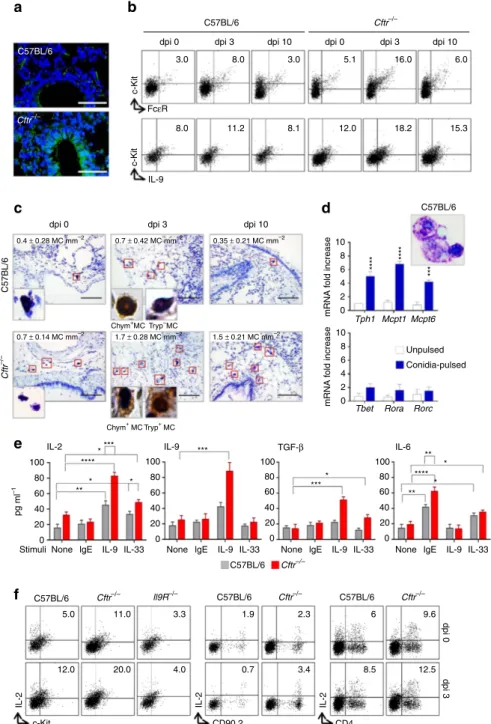 Figure 3 | IL-9 activates mast cells to produce IL-2. C57BL/6 or Cftr &#34;/ &#34; mice (six per group) infected intranasally with live A