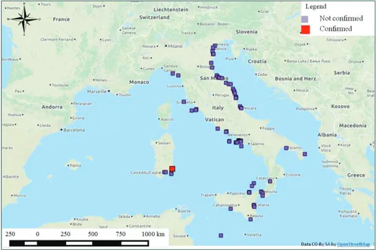 Figure 8. Italian distribution map of Ambrosia maritima based only on verified sites and herbarium 