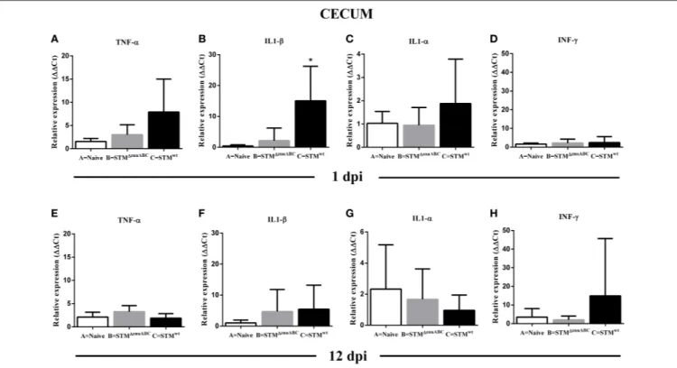 FIGURE 5 | (A–H) Cytokines expression reveals that unlike STM wt , STM 1znuABC strain is not able to induce a strong host immune response