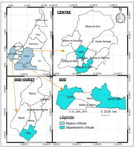 Figure 1. Map showing study areas (Mfoundi, Nyong and So’o and Lékié divisions (departments) in  the center (centre) region; Ocean, Dja and Lobo divisions in the south (sud) region, and Fako  division in the south-west (sud-ouest) region) of Cameroon