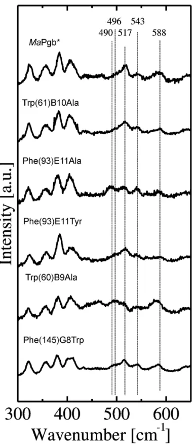 Fig 4. Low-frequency region of the RR spectra of MaPgb*(II)-CO and related mutants. The RR spectra were recorded using a laser power ranging between 0.5 and 2 mW.