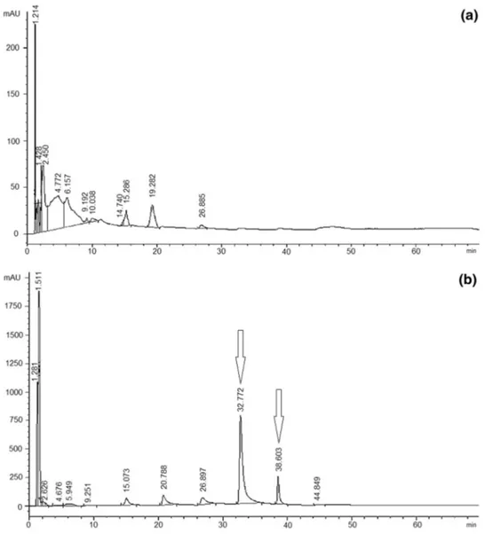 Fig. 1 Elution profiles of plasma proteins from pooled a untreated male grey mullet and b E2-treated male grey mullet, at 280 nm which were purified by weak anion-exchange chromatography