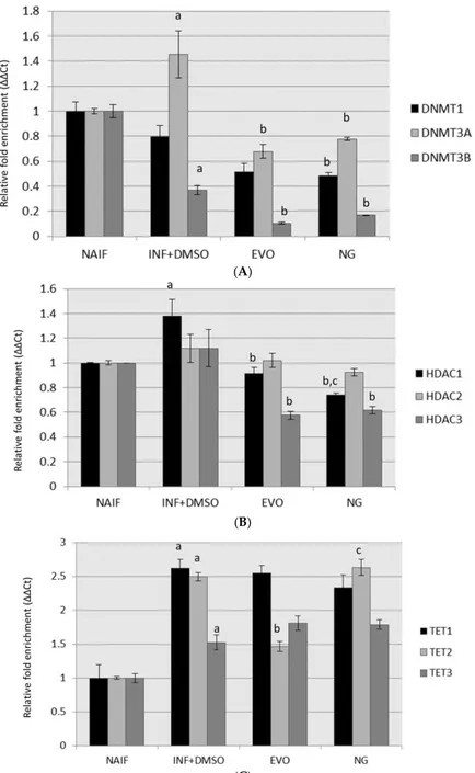 Figure 4. Gene expression assessment after the treatments in experimental setting 2 (SET2) for (A)  genes regulating DNA methylation; (B) genes regulating histone acetylation; (C) genes associated  with DNA demethylation