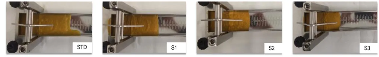 Figure 6. Appearance and Bostwick Running Distances of cooked commercial carrot soup (STD) and  carrot soup samples at increasing M 2  level (S1–S3)