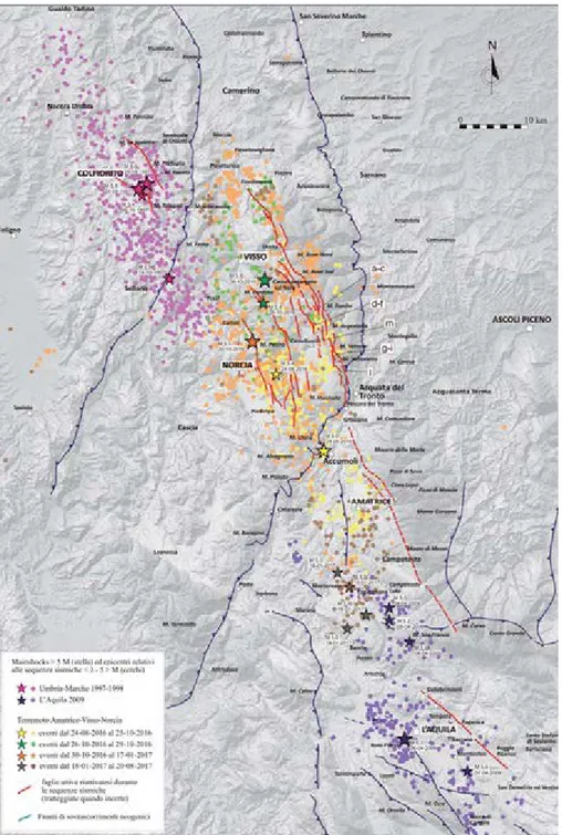 Figura 1 – Mappa degli epicentri (fonte www.ingv.it) e delle faglie attive relativi alle sequenze sismiche che hanno colpito  l’Italia centrale dal 1997 ad oggi