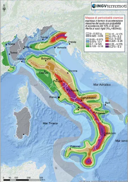 Figura 4 – Carta di pericolosità sismica del territorio nazionale, espressa in termini di accelerazione massima del suolo  con probabilià di eccedenza del 10% in 50 anni riferita a suoli rigidi (Vs30&gt;800 m/s), fonte http://zonesismiche.mi.ingv.it/