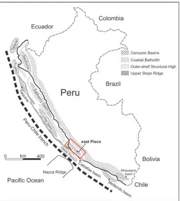 Fig. 1 - Sketch map of  the major sedimentary basins of  coastal Peru  showing position of  both the Outer Shelf  Ridge and Upper  Slope Ridge, redrawn and modiied from Travis, Gonzales,  &amp; Pardo (1976) and Thornburg &amp; Kulm (1981).