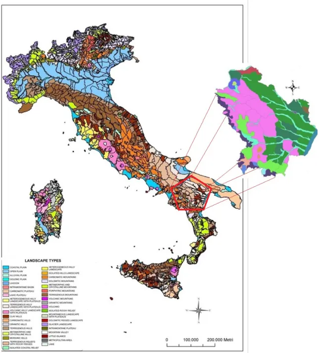 Figure  1.  Italian Map of Landscapes Units scale 1:250,000, with the Units of the  Basilicata Region highlighted [20]