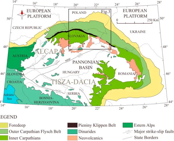 Figure 1. General tectonic map of the Carpathian-Pannonian region. Major tectonic domains include foredeep, Outer Carpathians, Pieniny Klippen Belt, Inner Carpathians, Dinarides, Eastern Alps, and areas of volcanic rocks