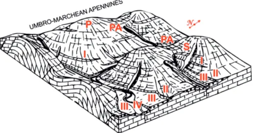 Fig. 10. Summary sketch of the relationships between different geomorphological elements: P  =  relict surface; PA  =  suspended palaeovalley; 