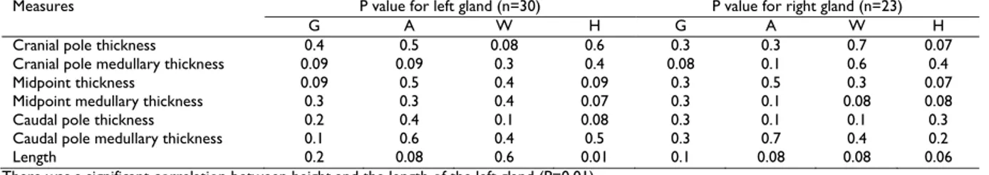 Table 2: Statistical correlation between adrenal glands measurements and gender (G), age (A), weight (W) and height (H) 