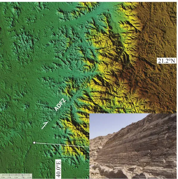 Figure 4. High-resolution ASTER–GDEM topography of the Arabian margin near Jeddah and Makkah, showing the trace of the Ad Damm fault zone (ADFZ)