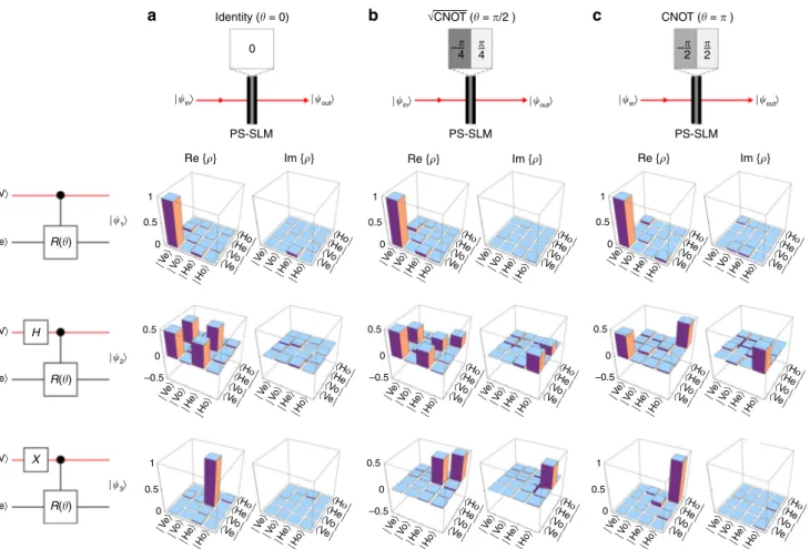 Fig. 5 Two-qubit single-photon quantum logic gates. Characterization of three two-qubit quantum gates on the space of polarization and x-parity: a the identity gate; b the p ﬃﬃﬃﬃﬃﬃﬃﬃﬃﬃﬃﬃﬃﬃ CNOT gate; and c the CNOT gate