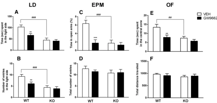 Figure 4. A, B, PPAR ␥ NestinCre KO mice and WT animals treated with GW9662 spent significantly less time (A) and displayed fewer entries into the light side of the apparatus (B) compared with