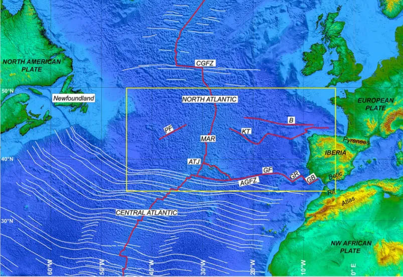 Figure 1. Topographic-bathymetric map of the southern North Atlantic. Red lines: plate boundaries; white lines: fracture zones; AGFZ: Azores Gibraltar FZ; ATJ: Azores Triple Junction; B: Bay of Biscay axis; CGFZ: Charlie Gibbs fracture zone; GB: Guadalquiv