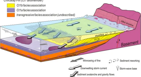 Figure 4. Block diagram (not to scale) illustrating interpreted depositional setting and relative positions of facies associations ident- ident-ified in the present study for the Ct1 allomember of the Chilcatay Formation at Ullujaya (modident-ified from Po