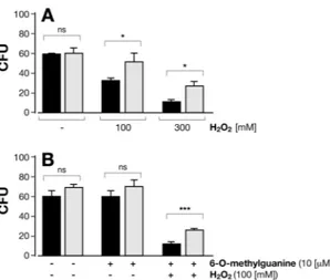 Figure 8.  Deletion of BpLOG confers greater resistance to hydrogen peroxide. Wild-type Bp (black columns) 