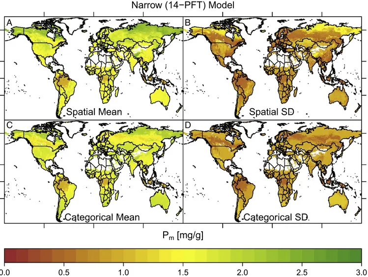 Fig. 4. Phosphorus (mass) maps. (A and B) Narrow (14-PFT) Bayesian spatial model pixel mean and SD estimates, respectively