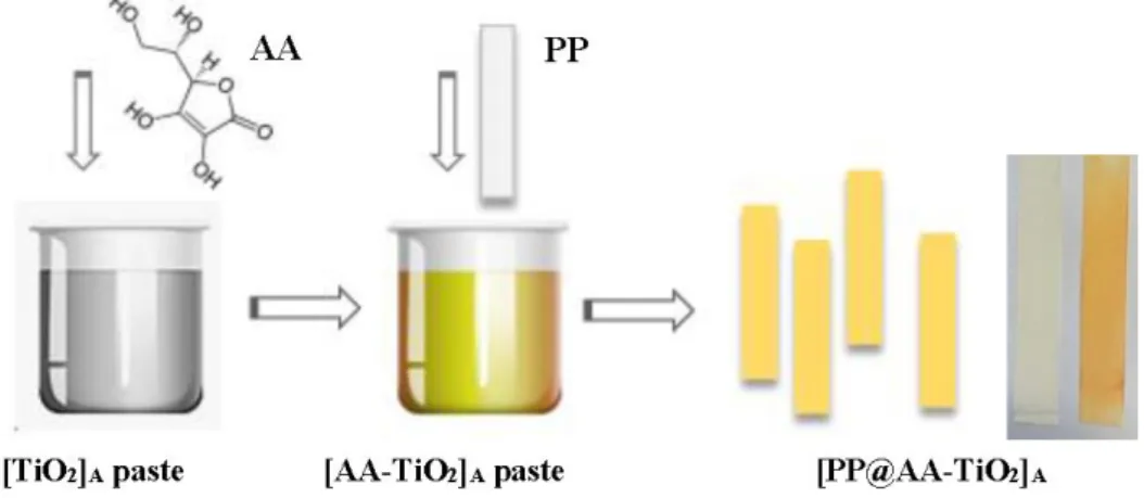 Figure  1.  Schematic  representation  of  the  operative  steps  for  the  preparation  of  the  new modified  heterogeneous [PP@AA-TiO 2 ] A  photocatalyst and photograph of [PP@AA-TiO 2 ] A  prepared with two  different AA amount wt %