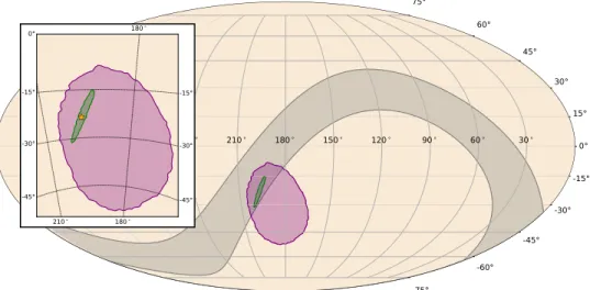 Figure 1. Final localizations. The 90% contour for the ﬁnal sky-localization map from LIGO–Virgo is shown in green (LIGO Scientiﬁc Collaboration &amp; Virgo Collaboration 2017a , 2017b , 2017c )