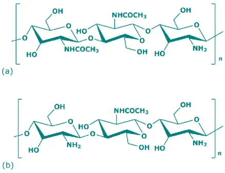 Figure 1. Chemical structure of chitin (a) and chitosan (b) repeat units.  Figure 1. Chemical structure of chitin (a) and chitosan (b) repeat units.