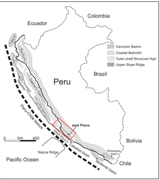 Figure 1. Sketch map of the major sedimentary basins of coastal Peru and Outer Shelf Ridge and Upper Slope Ridge, redrawn and modi ﬁed from Travis, Gonzales, and Pardo (1976) and Thornburg and Kulm (1981) .
