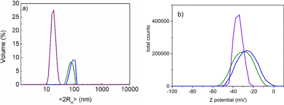 Figure 3. DLS data of AuNPs in violet, AuNPs-A in green and AuNPs-B in blue: (a) &lt;2R H &gt; in water: 