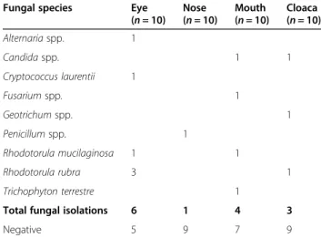 Table 2 Frequency/swab of fungal species isolated from different anatomical districts in five male and five female speckled dwarf tortoises (Chersobius [Homopus] signatus)