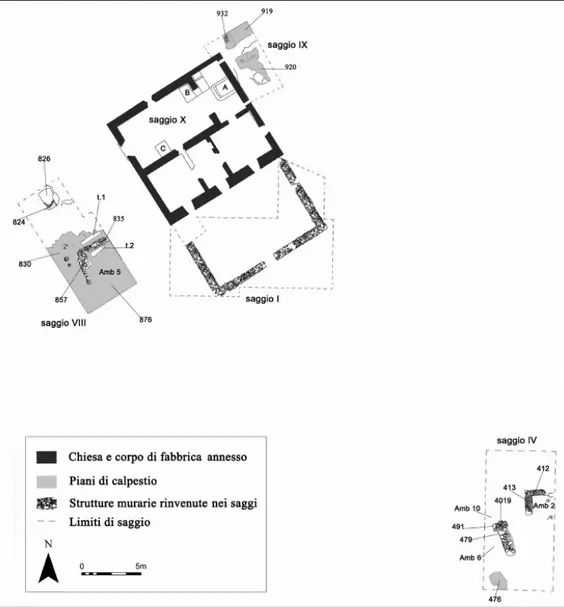 Fig. 15 - Impianto dei saggi di scavo realizzati presso il recinto I e la chiesa 