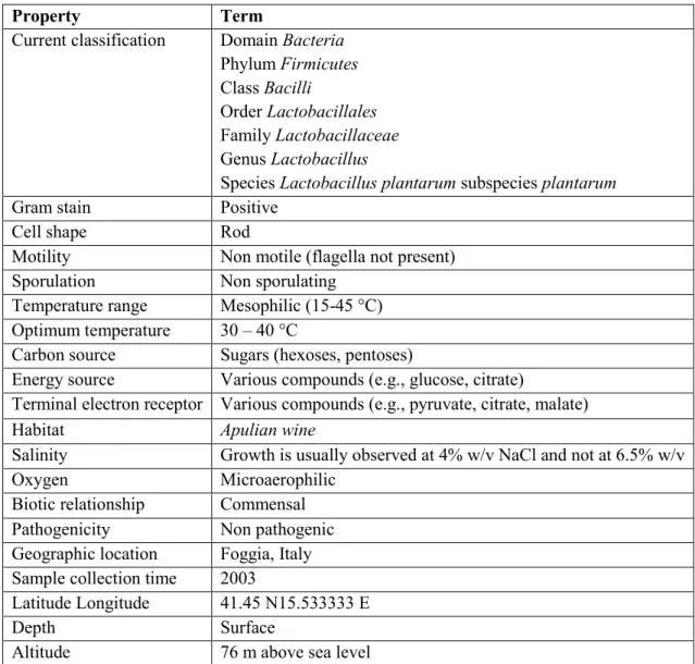 Table  1.1  -  Classification  and  general  features  of  Lactobacillus  plantarum  Lp90  (adapted  from 