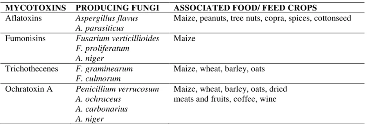 Table 1.1 Mycotoxins of public health concern, associated fungi, and food/feed crops at risk of  contamination
