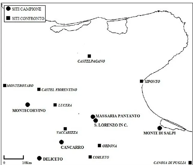Figura 12. Cartina della Capitanata con i siti campione e quelli confronto.
