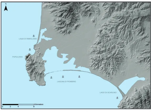 Fig. 7. Carta generale con ipotesi ricostruttive della laguna di Piombino, del lago di  Rimigliano e del lago di Scarlino